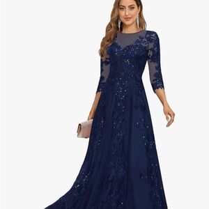 Navy Long-Sleeve Sequin Illusion Evening Gown - Women's Formal Dress